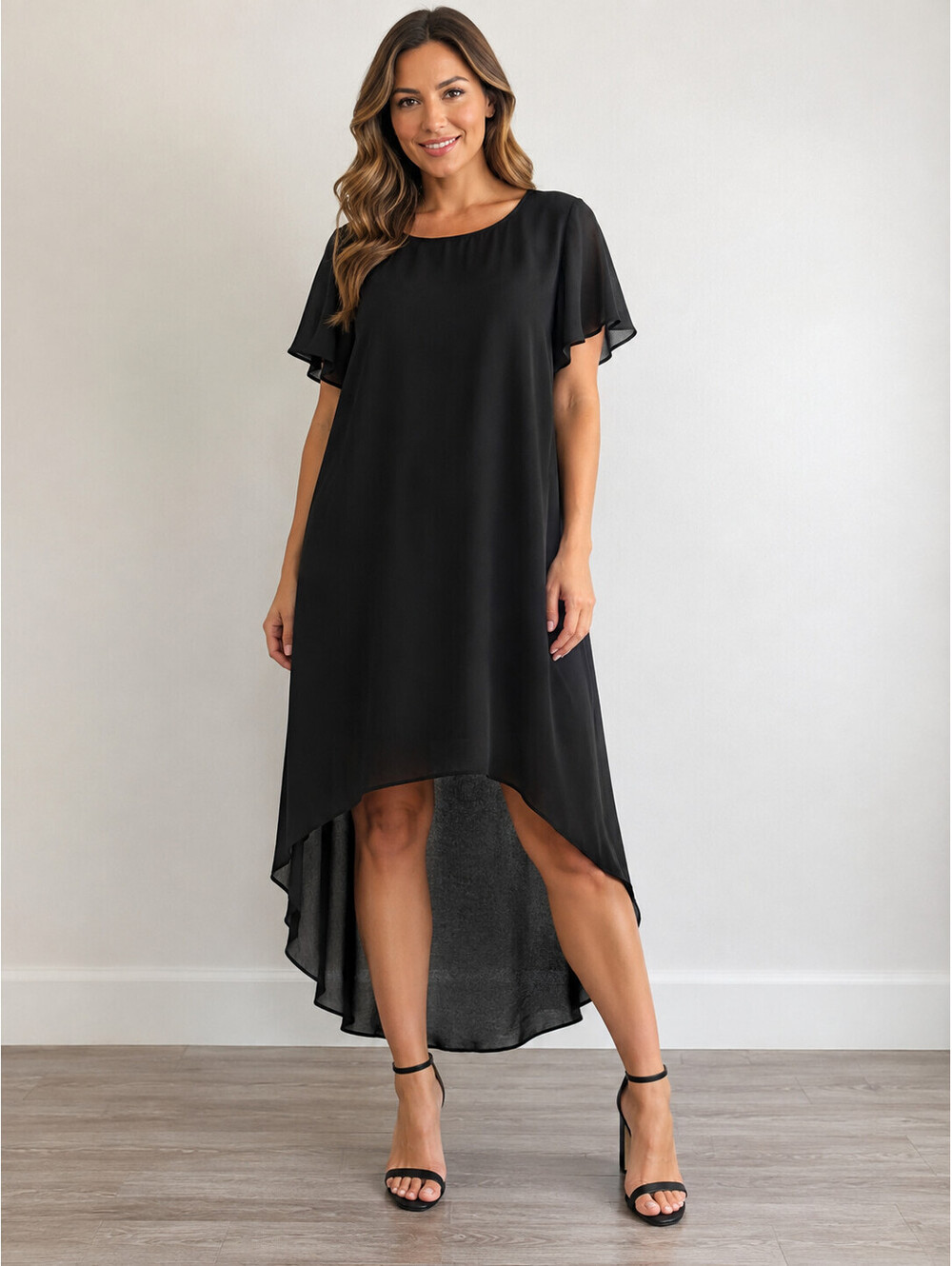 Giddy Up Glamour Hi Low Dress M Black Sheer Overlay Flutter Sleeve NWT USA